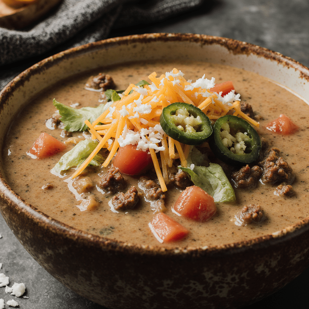 A rustic bowl of creamy cheesy ground beef taco soup topped with shredded cheddar, avocado slices, and cilantro, photographed in soft natural light on a wooden kitchen table.