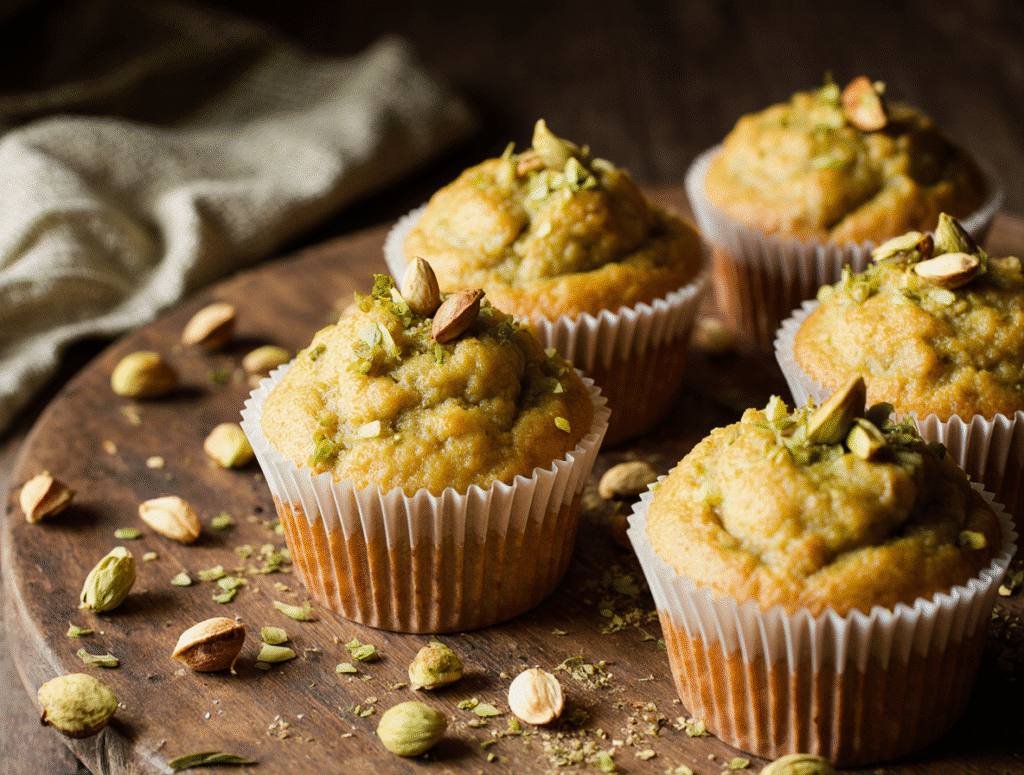 Close Up Of Bakery Style Pistachio Muffins With Golden Tops Rustic Wooden Table Soft Natural Light