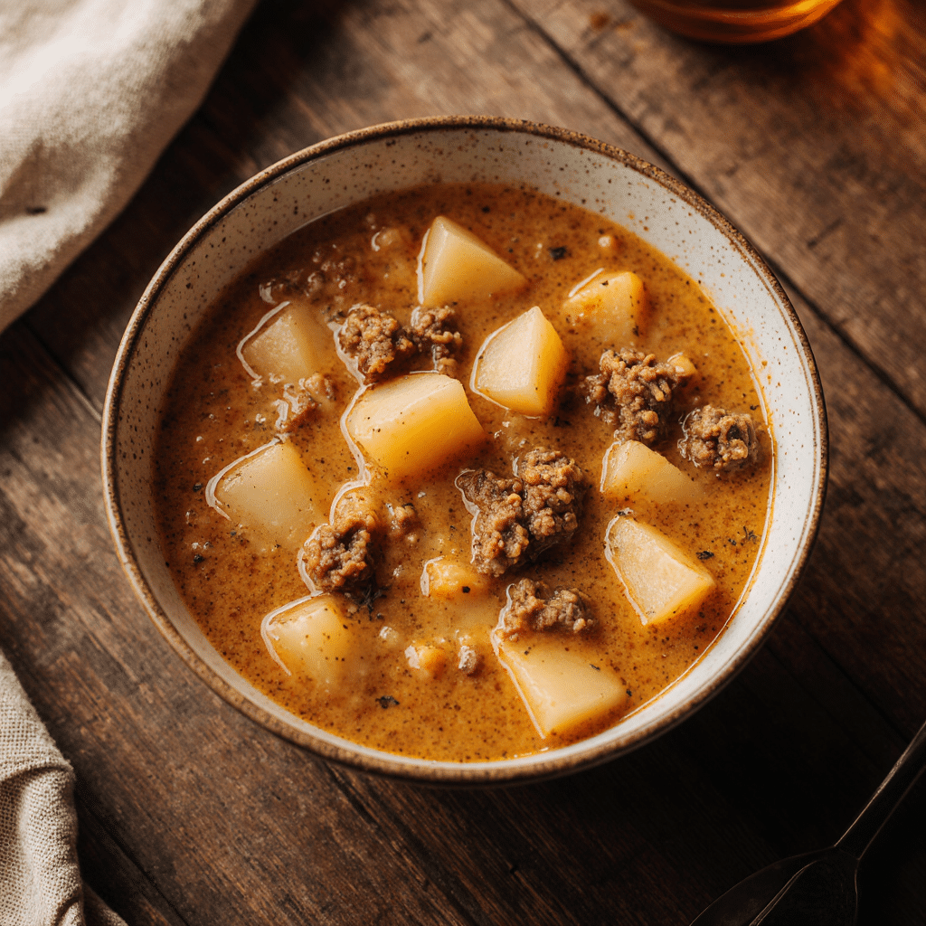 Cozy close-up of Cheesy Beef & Potato Soup in a rustic bowl