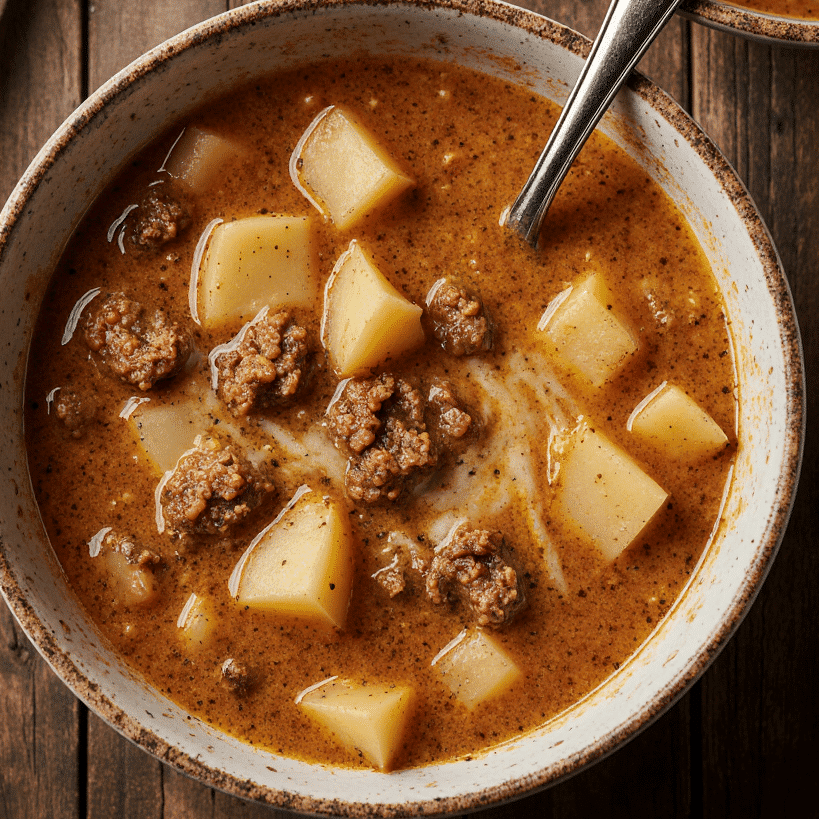 Close Up Of Cheesy Beef Potato Soup In A Rustic Bowl Melted Cheese Swirls Diced Potatoes And Groun