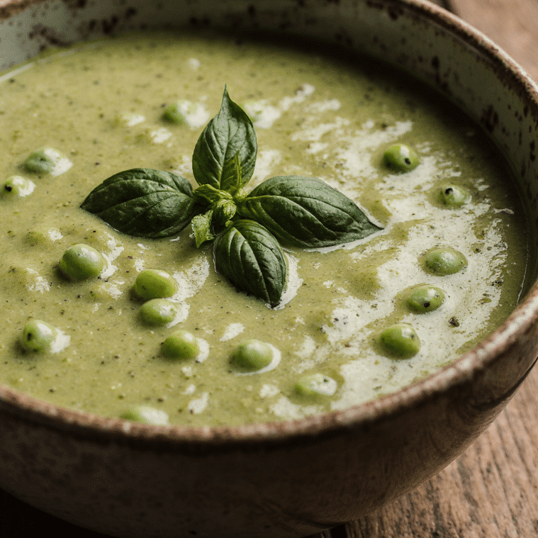 Close Up Of Chilled Creamy Basil with Pea Soup In A Rustic Bowl Vibrant Green Color Fresh Basil Garnish