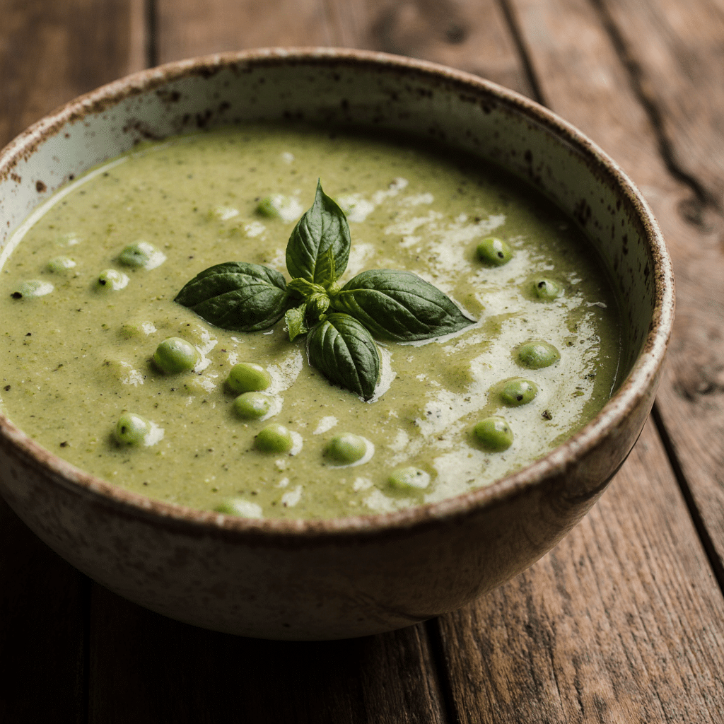 Chilled Creamy Basil & Pea Soup Close Up Of Chilled Creamy Basil Pea Soup In A Rustic Bowl Vibrant Green Color Fresh Basil Garnish