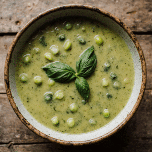 Close Up Of Chilled Creamy Basil Pea Soup In A Rustic Bowl Vibrant Green Color Fresh Basil Garnish Oj5i5n5c838tscvkz573 0