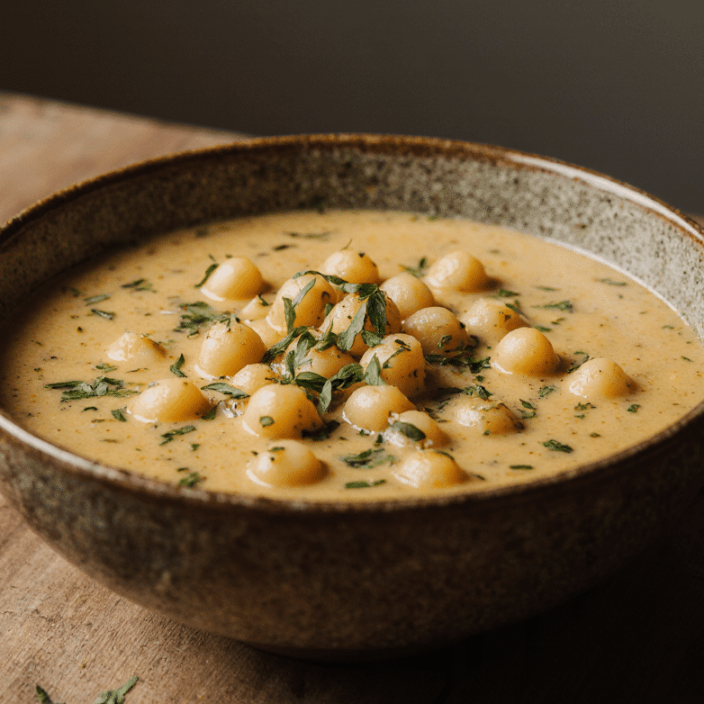 Close Up Of Creamy Garlic Chickpea Soup In A Rustic Bowl Vibrant Golden Tones Sprinkled With Fresh  