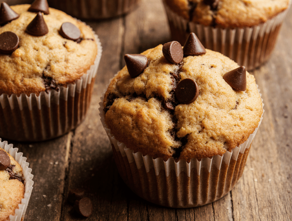 Close Up Of Easy Bakery Style Double Chocolate Chip Muffins Rustic