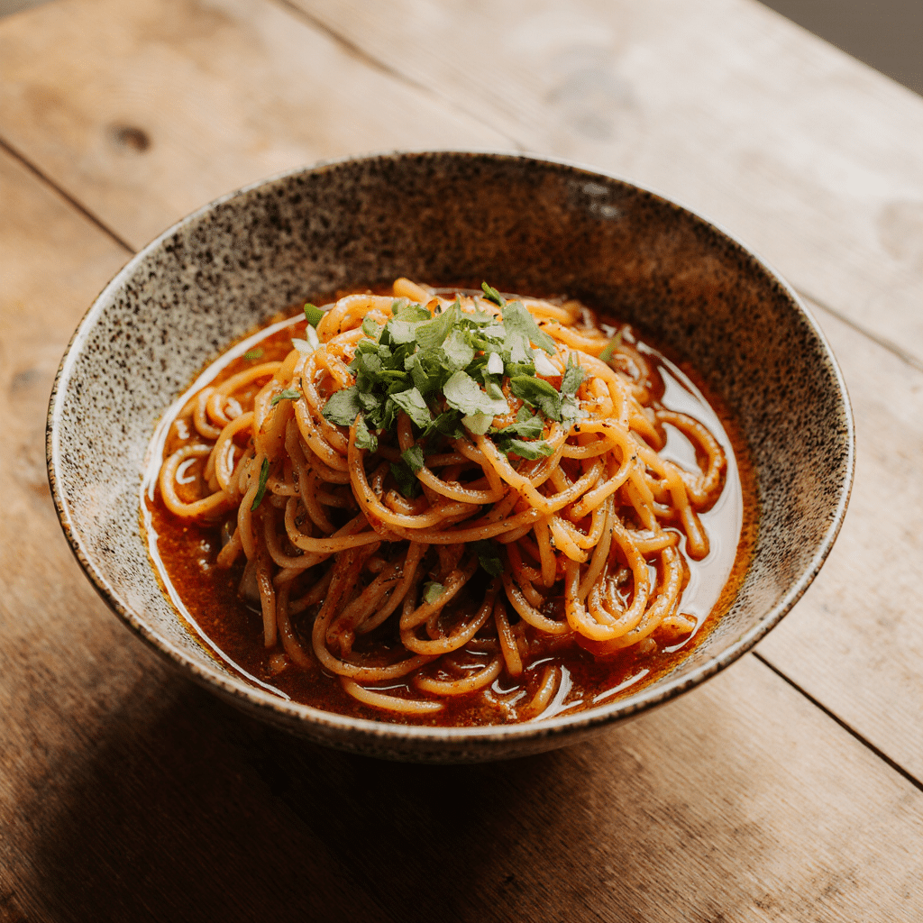 Close Up Of 10 Minute Chili Oil Udon Noodles In A Rustic Ceramic Bowl Vibrant Red And Golden Colors 8qkiljbqu7uf6vazb3sm 2