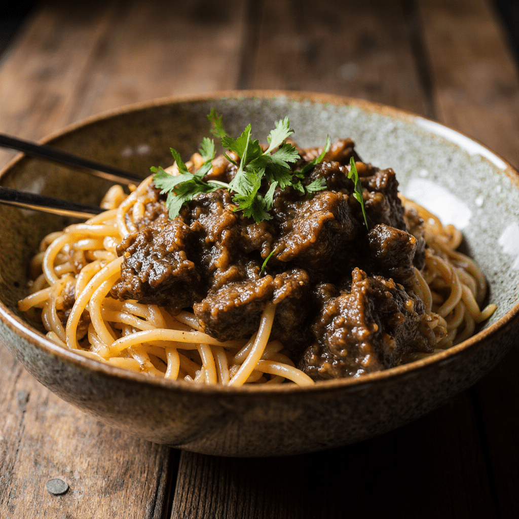 Close Up Of Beef And Noodles In A Rustic Bowl Vibrant Colors Cozy Natural Daylight Blurred Wooden F 7n7i93nvuzq26x5vgqp7 0