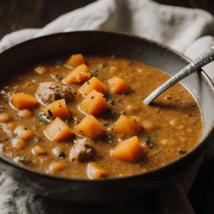 Close Up Of Butternut Squash Chicken Soup In A Rustic Bowl Vibrant Orange And Golden Colors Cozy N G3kzbh6mooobgg64y51l 3