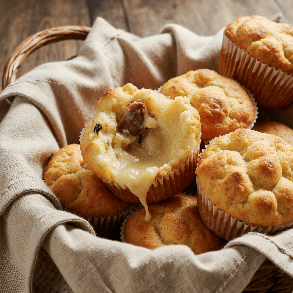 Close Up Of Fluffy Bisquick Sausage Egg And Cheese Muffins In A Rustic Basket Lined With A Linen Cl Eovcjbi398rzdee6lc0j 1