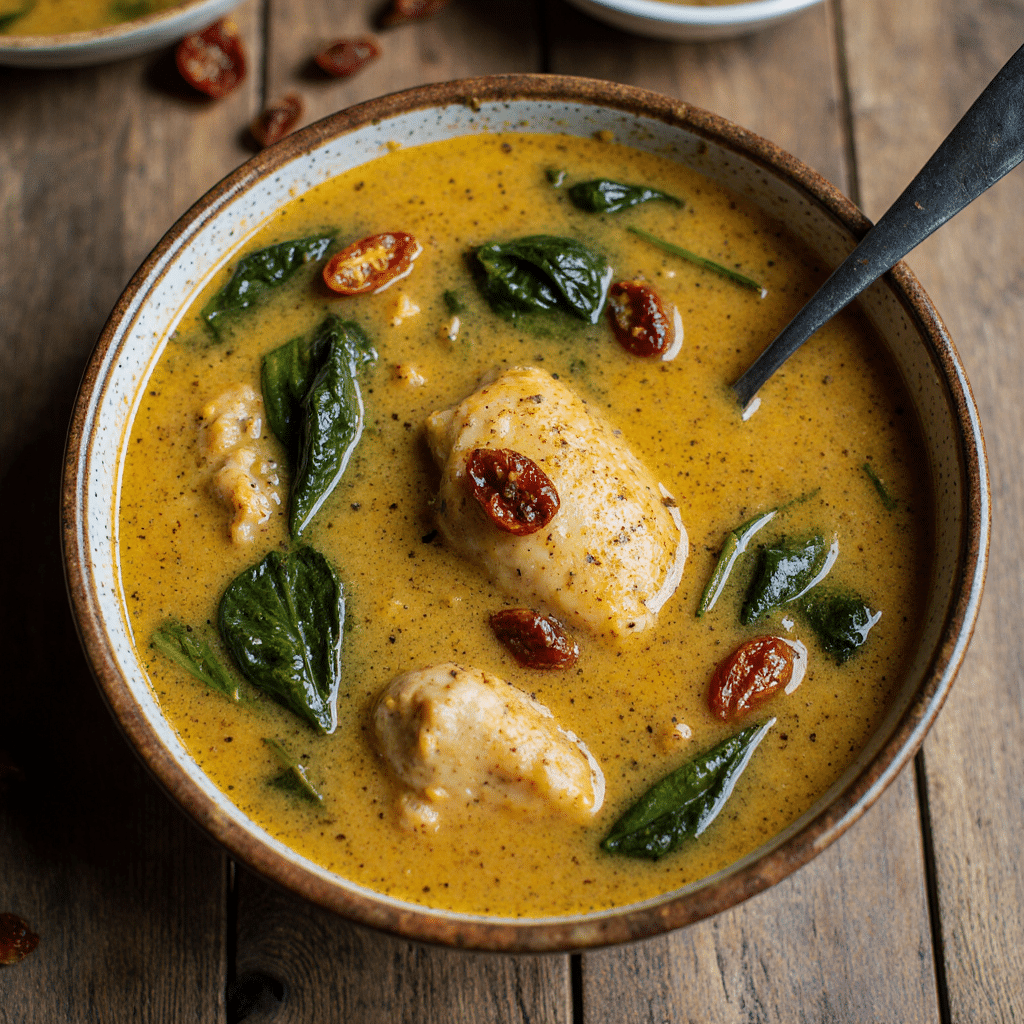 Close Up Of Marry Me Chicken Soup Recipe In A Rustic Ceramic Bowl Creamy Golden Broth With Spinach B2z1v9llgxfwubdrdej3 0