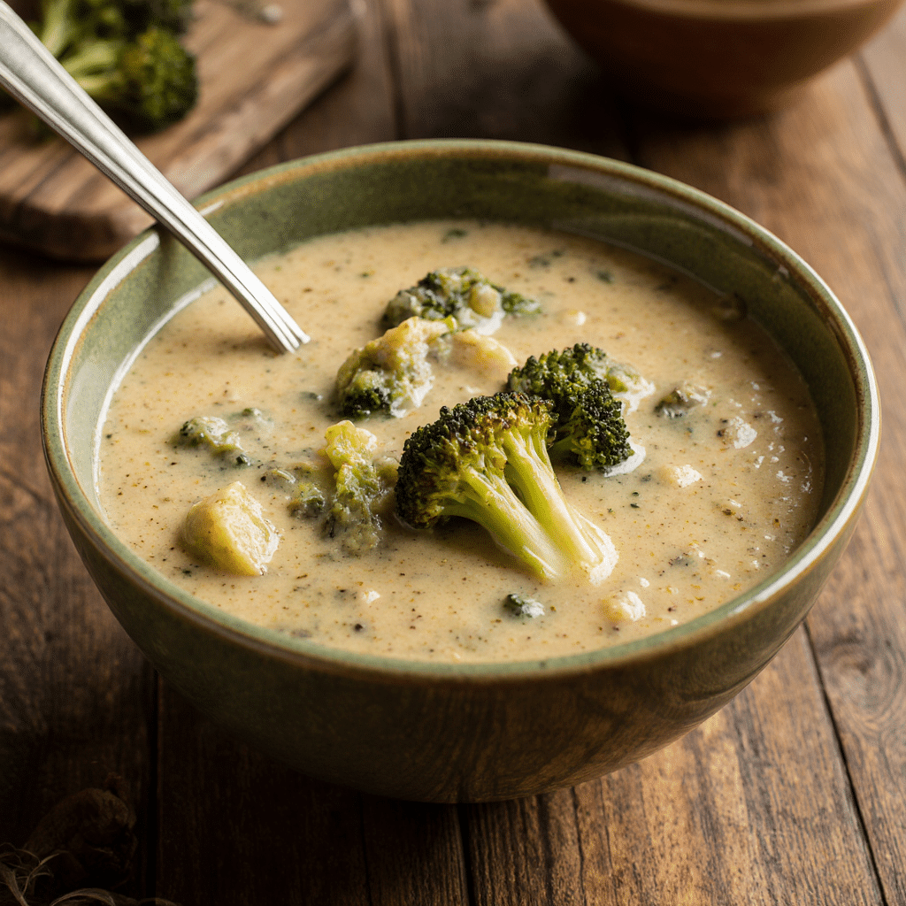 Creamy Broccoli And Cheese Soup In A Rustic Ceramic Bowl (1)