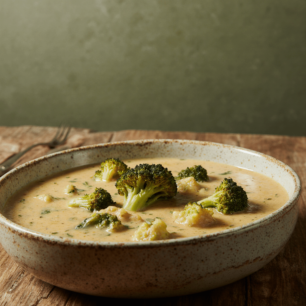 Creamy Broccoli And Cheese Soup In A Rustic Ceramic Bowl (2)