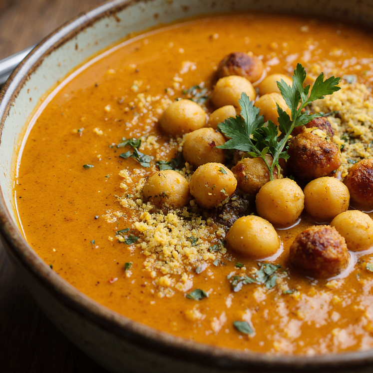 Curried Carrot-Tomato Soup with crispy chickpea gremolata garnish