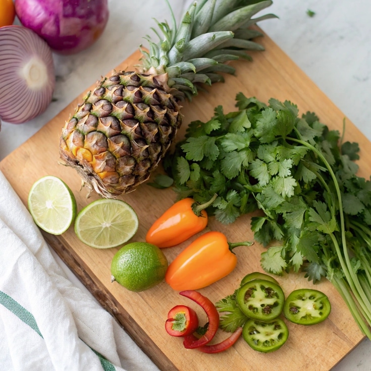 Flat Lay Of Ripe Pineapple Orange Peppers Red On