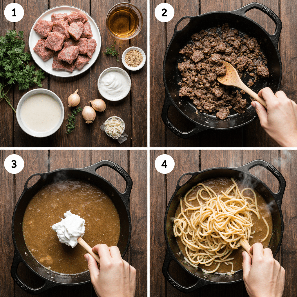 Flat Lay Collage Showing Fresh Ingredients And Step By Step Cooking Process For Beef And Noodles To Dyxazgtn9u64p9m799y0 3