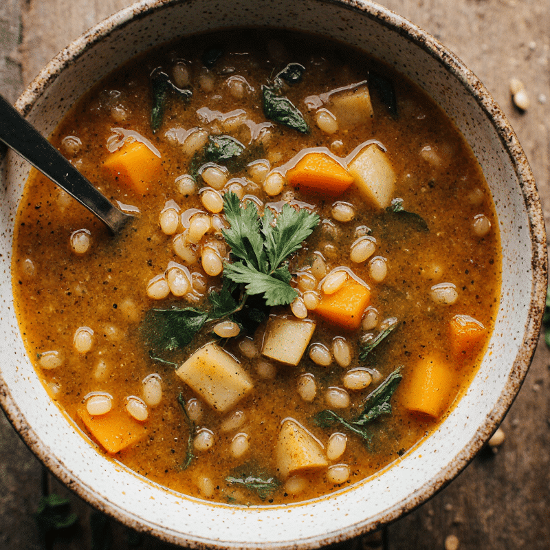 Cozy close-up of Lentil & Vegetable Soup in rustic bowl