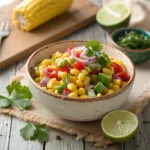 Shot Of Corn Salsa In A Rustic Ceramic Bowl Juicy
