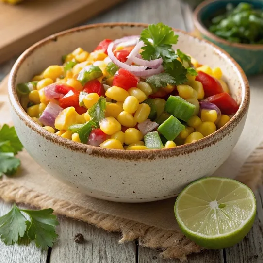 Shot Of Corn Salsa In A Rustic Ceramic Bowl Juicy
