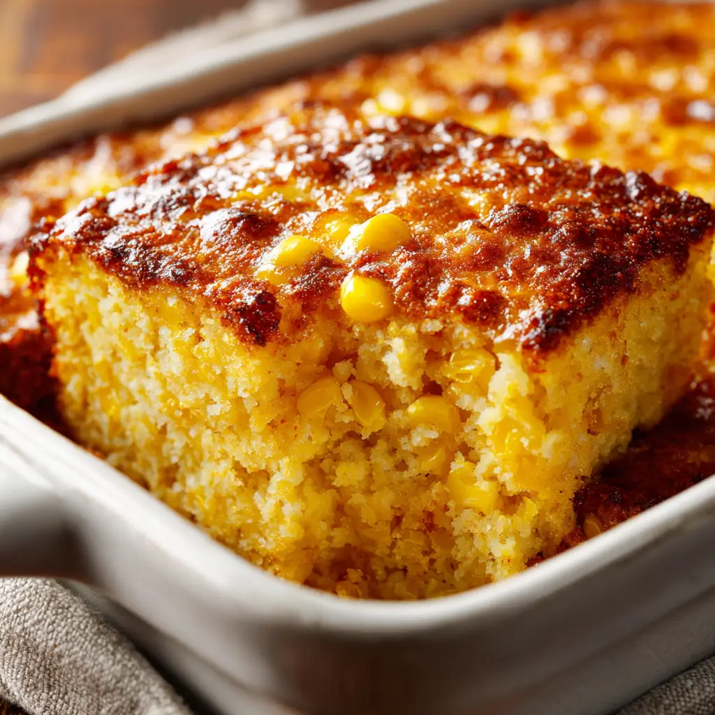 Loaded Cornbread Casserole Ultra Zoom On Glossy Golde
