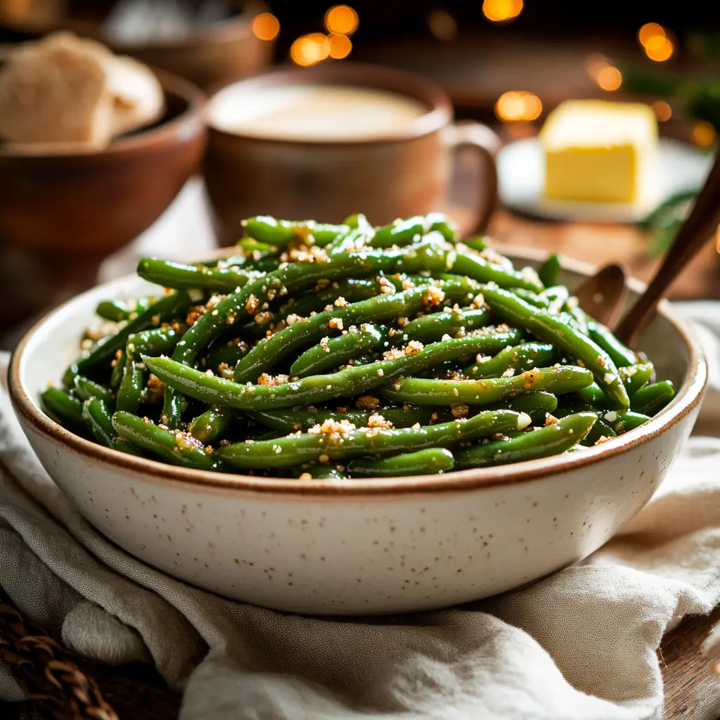 Serving Bowl Of Crack Green Beans On A Linen Dressed (1)