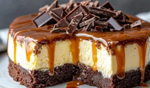 Delicious Caramel Brownie Cheesecake with chocolate and caramel drizzle