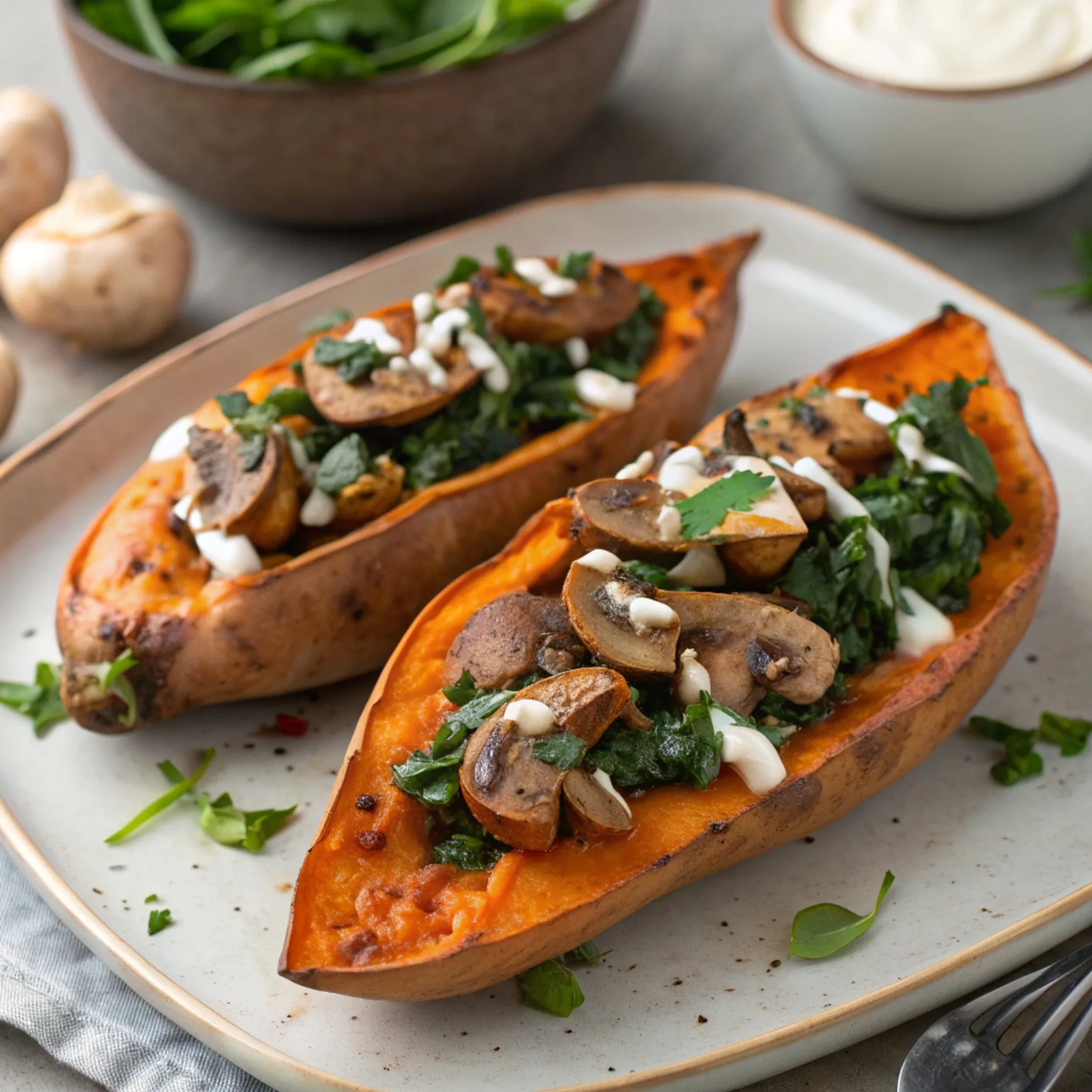 Creamy Mushroom And Spinach Stuffed Sweet Potatoe