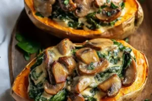 Creamy mushroom and spinach stuffed sweet potatoes on a plate