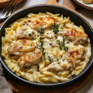 Creamy orzo dish with chicken, garnished with herbs in a bowl.