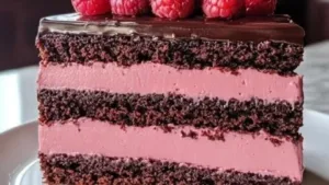 Delicious dark chocolate raspberry mousse cake topped with raspberries.