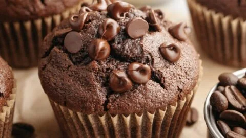 Moist double chocolate espresso muffins with sour cream on a wooden table