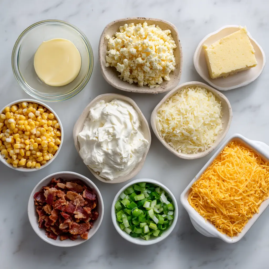Zoom Flat Lay Of Loaded Cornbread Casserole