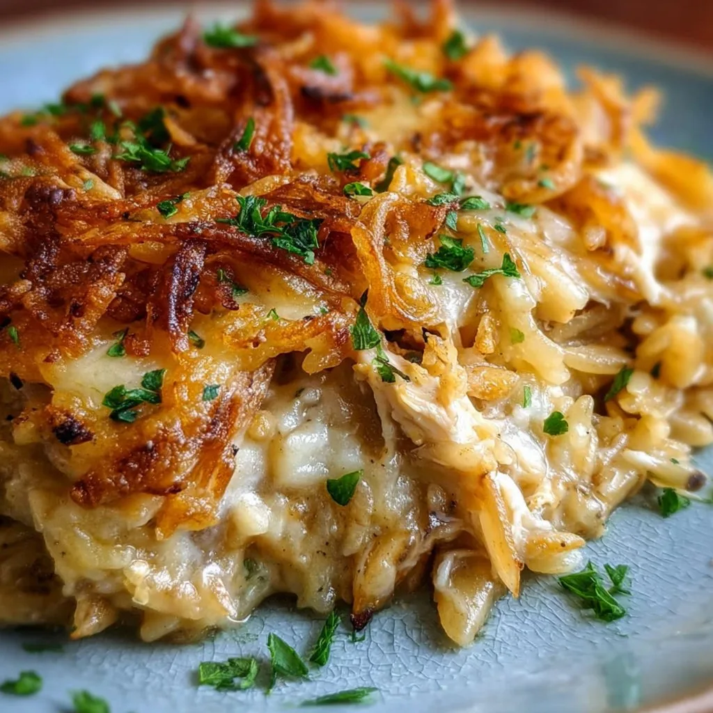 French Onion Chicken Orzo Casserole