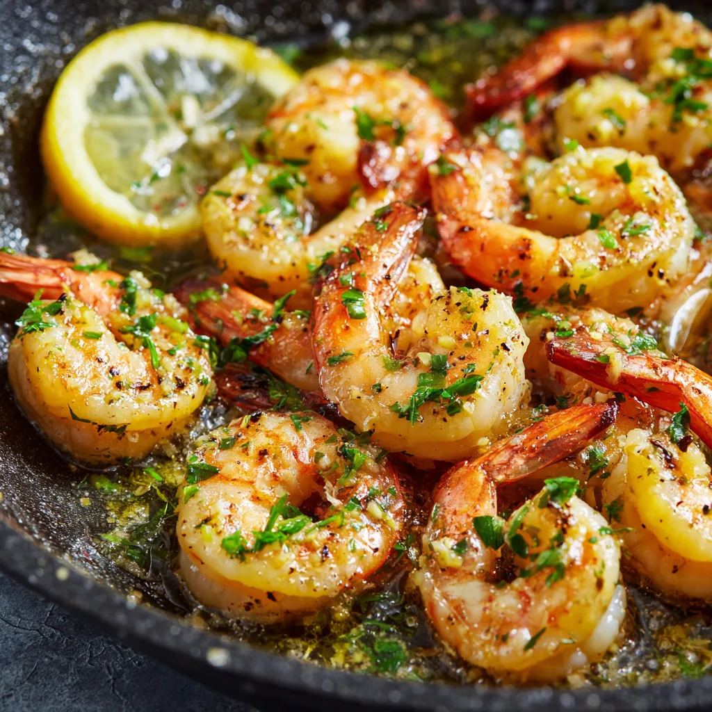 Close Up Of Sauted Shrimp With Lemon Herbs And Olive (2)
