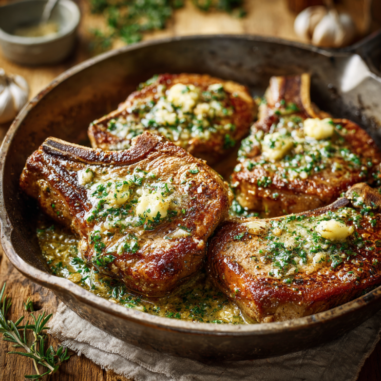 Close Up Serving Shot Of Garlic Butter Pan Seared Beef