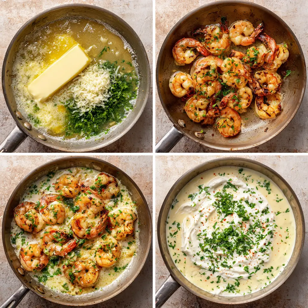 Collage 1 Butter Melting 2 Garlic Added 3 Shrimp Cook