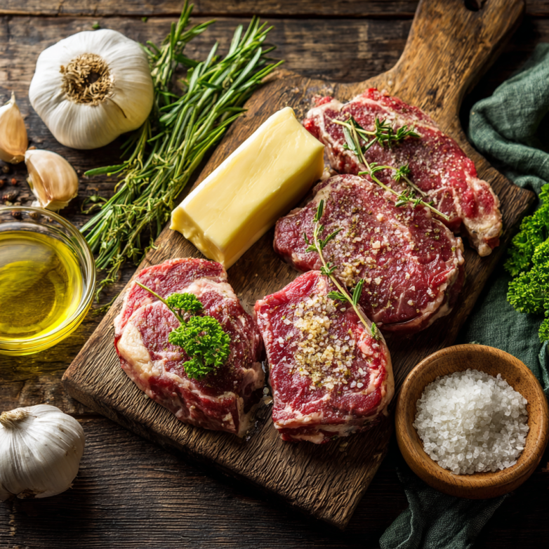 Flat Lay Of Fresh Ingredients For Garlic Butter Pan Seare