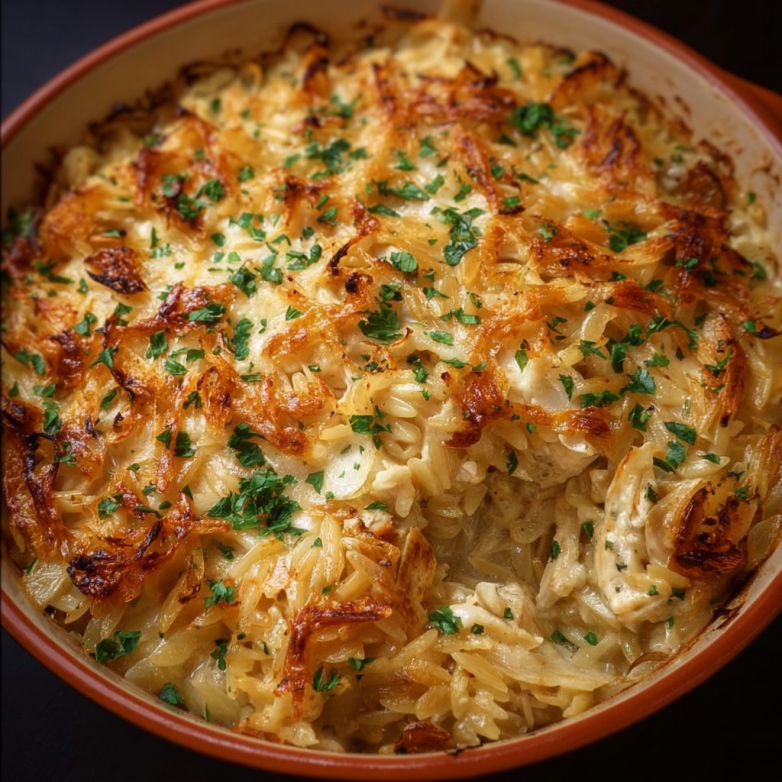 French Onion Chicken Orzo Casserole 1