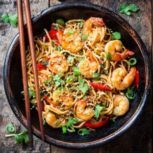 Overhead Serving Shot Of Shrimp Noodles In Bowl
