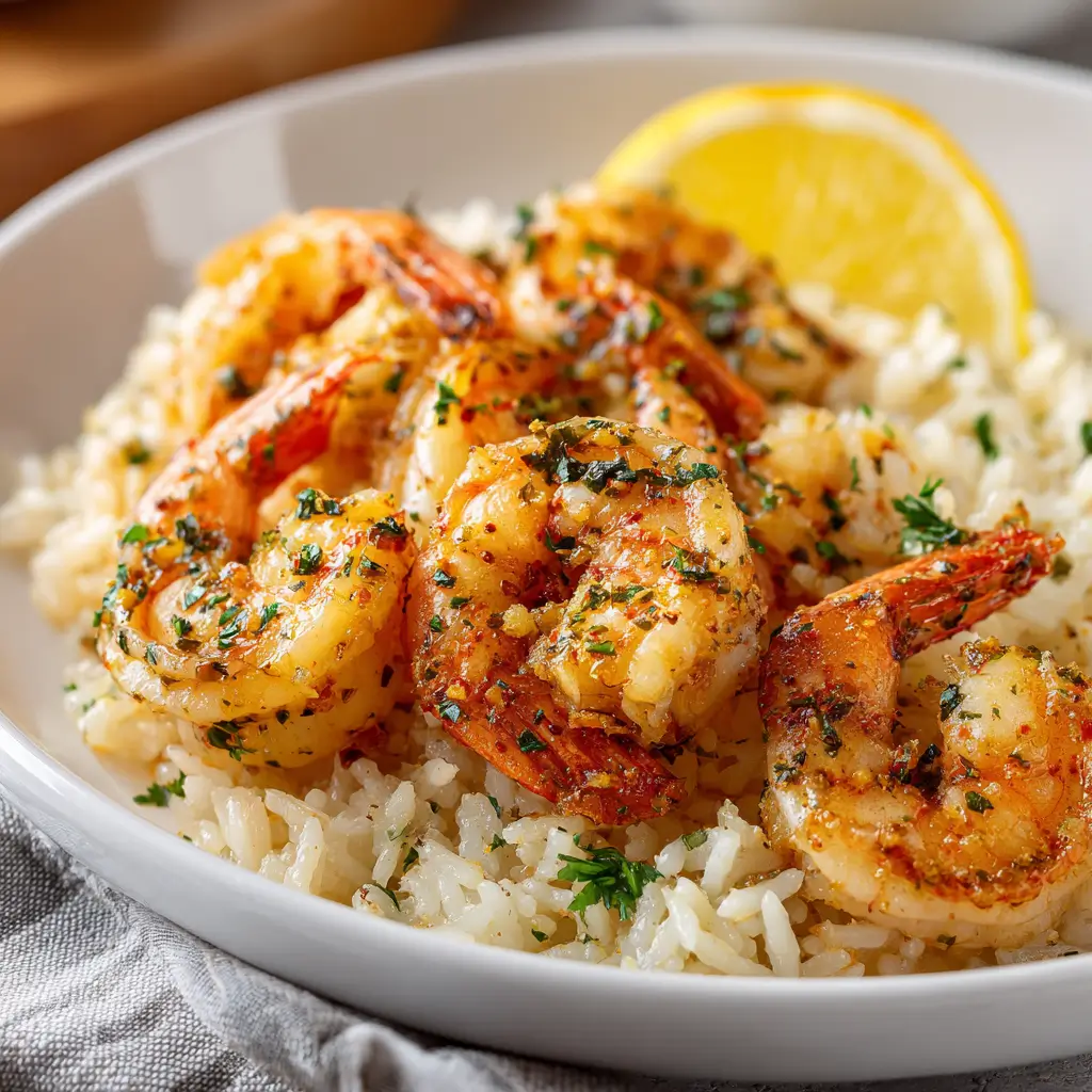 Plated Butter Shrimp On Rice With Lemon Wedge Warm
