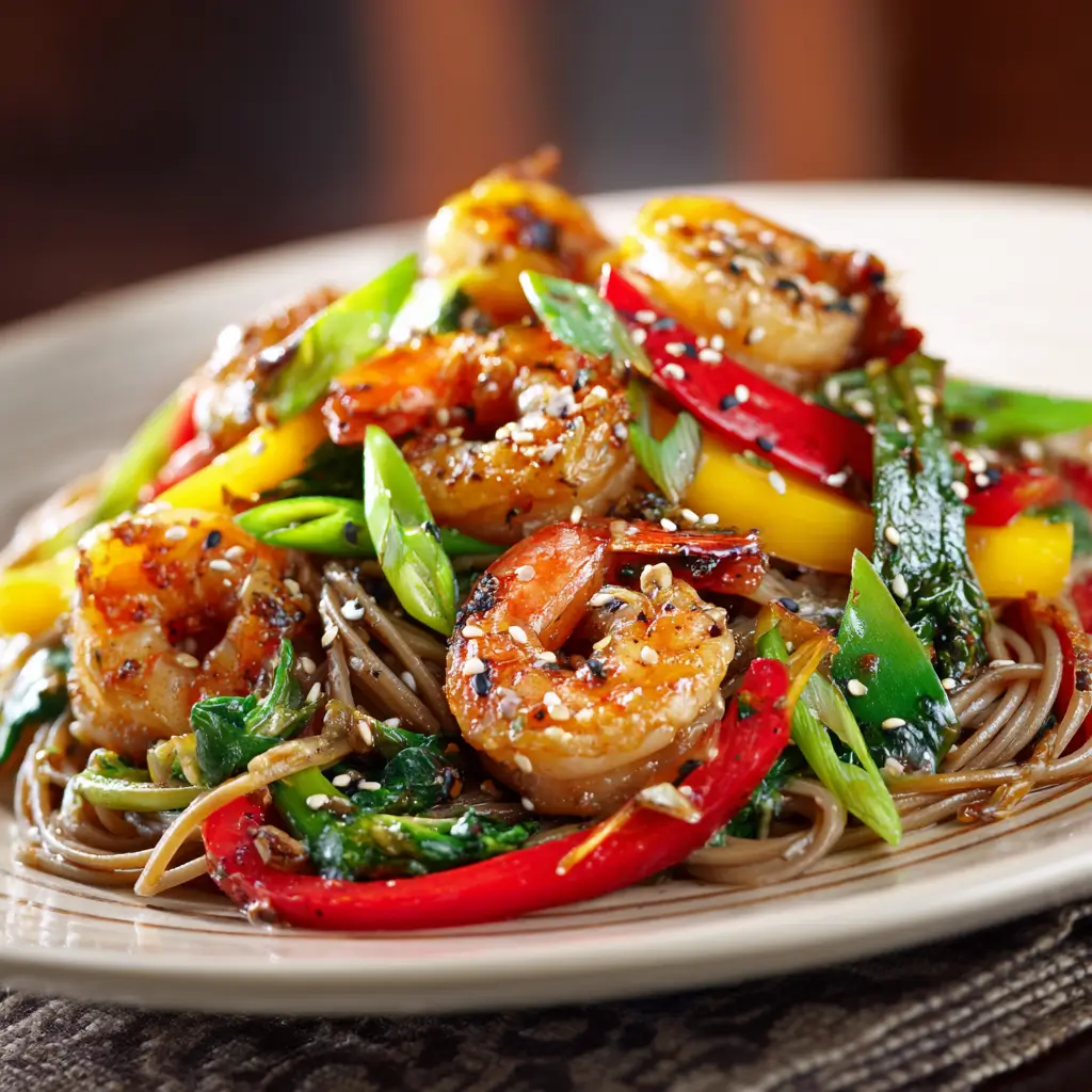 Ultra Zoom Of Shrimp Noodle Stir Fry With Colorful