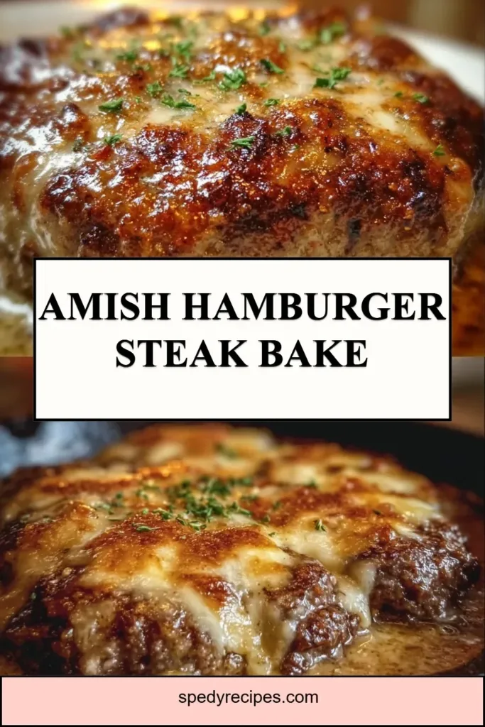 Amish Hamburger Steak Bake served on a plate, showcasing juicy hamburger steak and rich toppings.