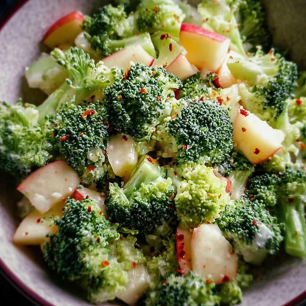 Healthy and colorful Apple Broccoli Salad with nuts and dressing