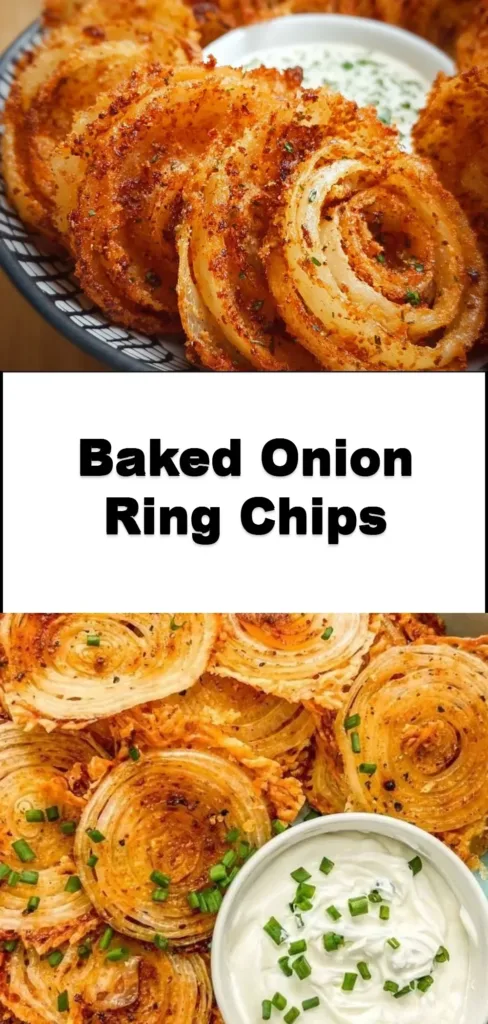 Baked onion ring chips in a bowl, crispy and flavorful snack option.