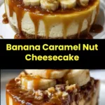 Slice of Banana Caramel Nut Cheesecake topped with nuts and caramel drizzle