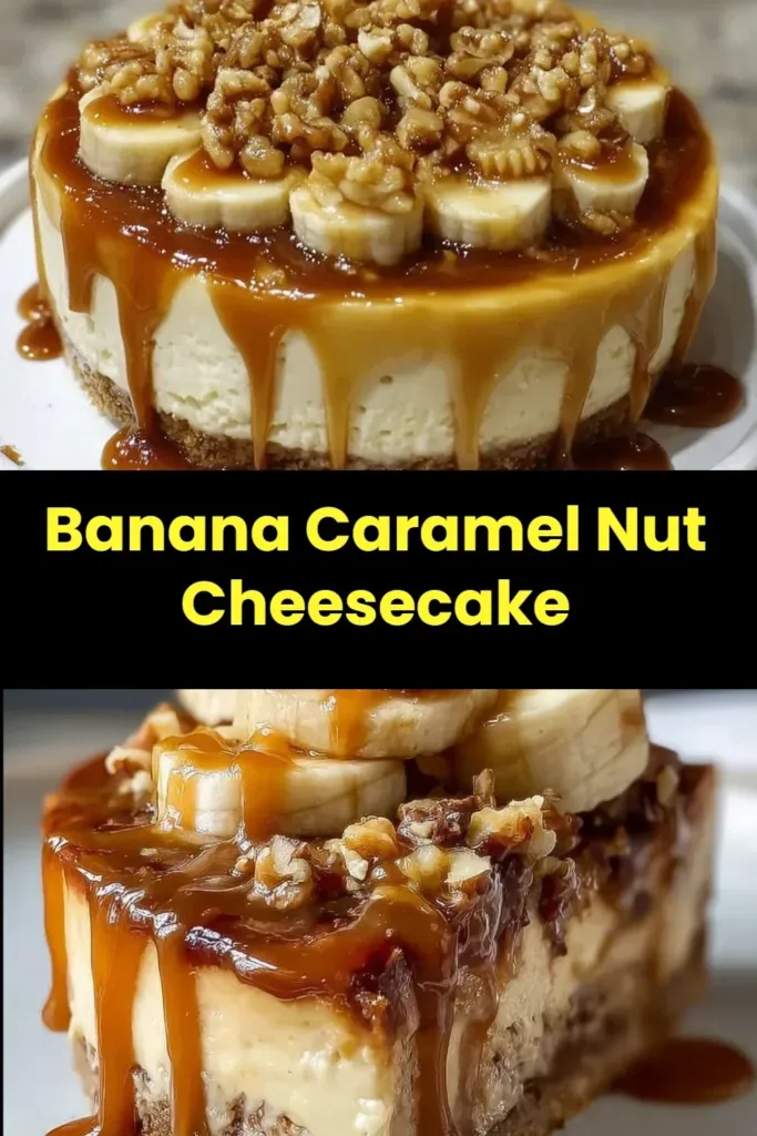 Banana Caramel Nut Cheesecake Slice of Banana Caramel Nut Cheesecake topped with nuts and caramel drizzle