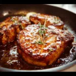 Delicious brown sugar pork chops served on a plate with herbs and spices.