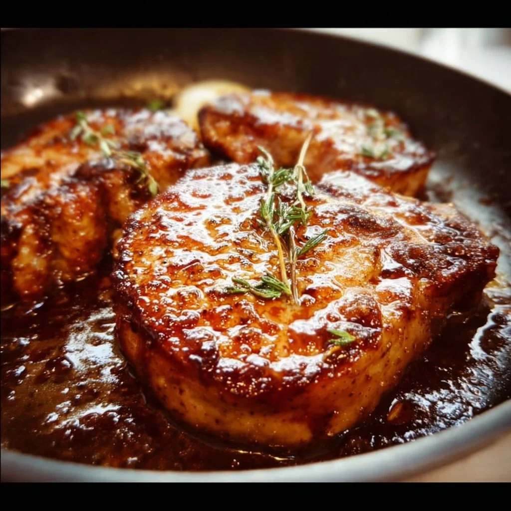 Delicious brown sugar pork chops served on a plate with herbs and spices.