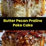 Delicious Butter Pecan Praline Poke Cake topped with pecans and caramel