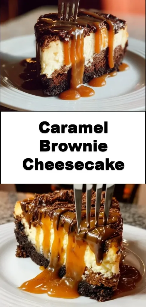 Delicious caramel brownie cheesecake topped with chocolate drizzle and caramel sauce.