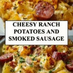 Delicious cheesy ranch potatoes with smoked sausage in a baked dish.